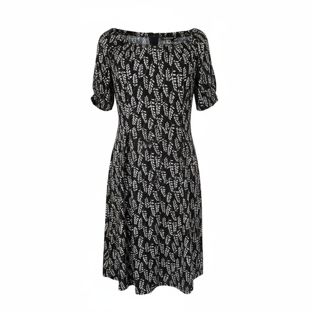 Allegra K Black Leaf Print Dress | Scoop Neck Stretch Knit Dress Size M